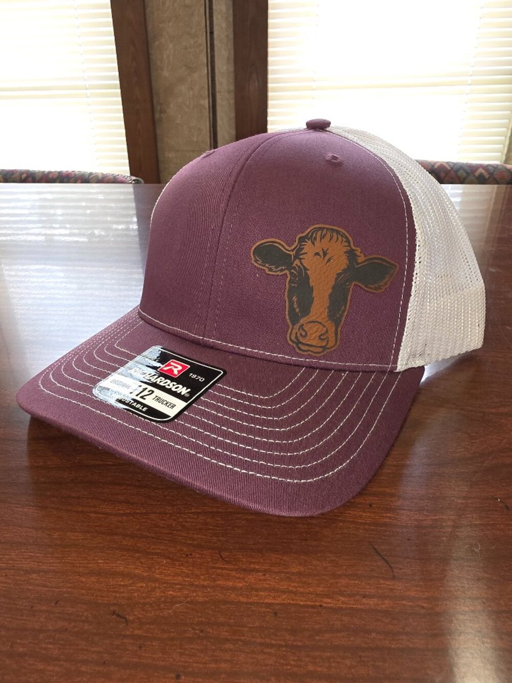 Richardson Maroon/White Adjustable Mesh Back Trucker Hat Cow Patch